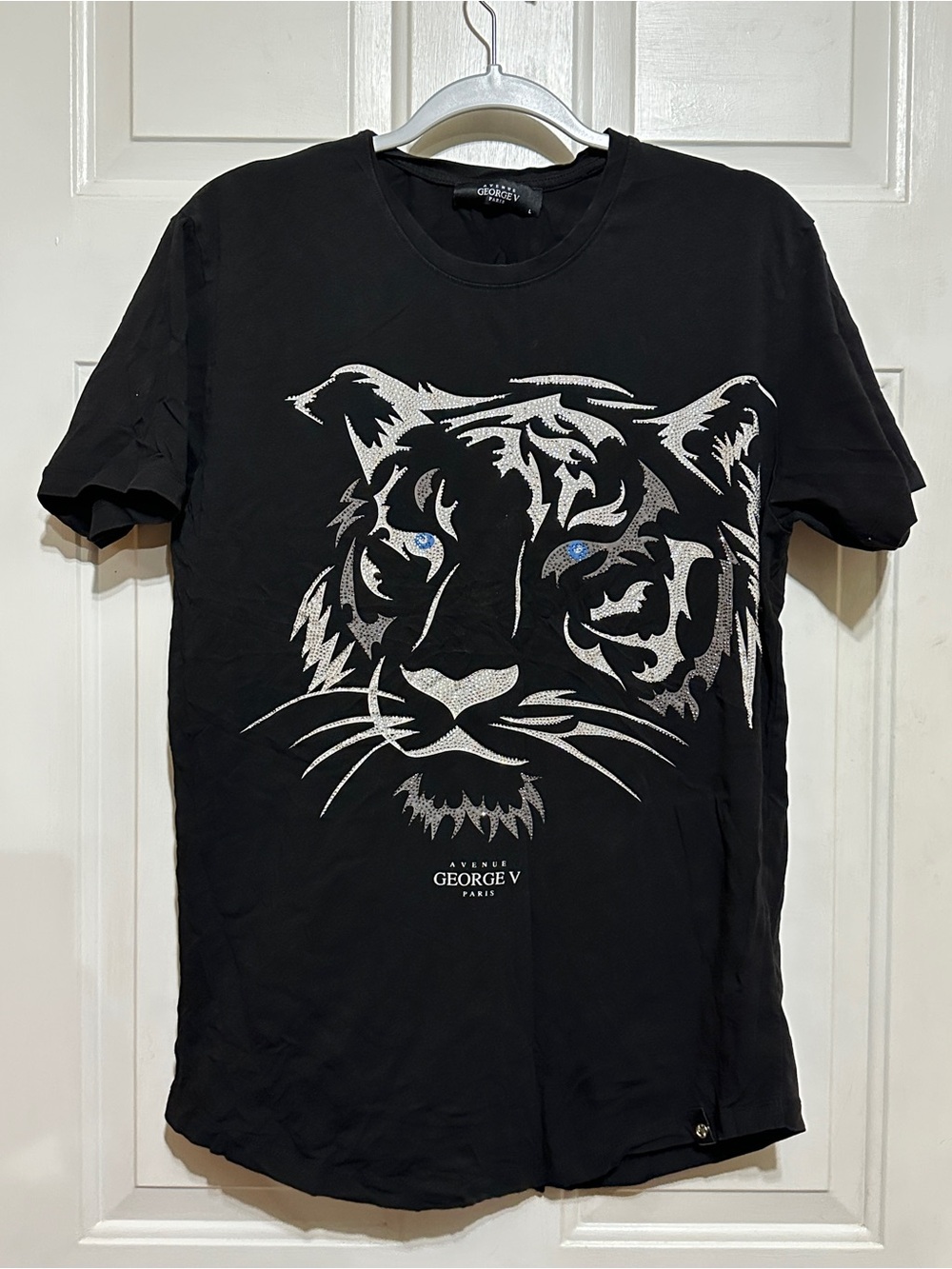 Avenue George V Paris Black  Rhinestone Tiger Men's T Shirt Size Large